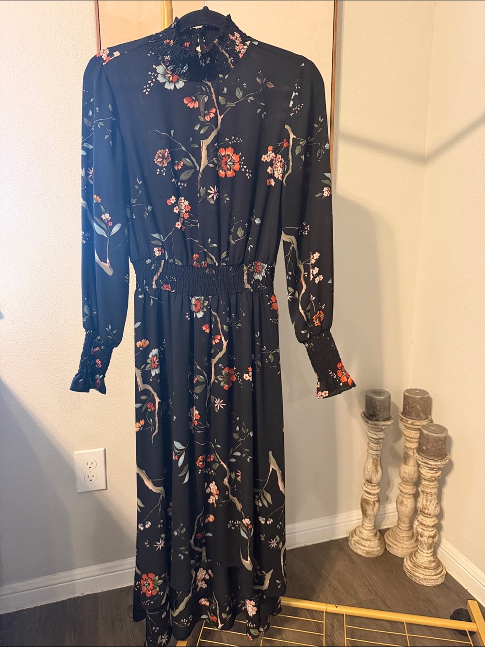 Nanette Lepore Floral Long-Sleeve Smocked Waist Midi Hi-low Dress - Black size 4